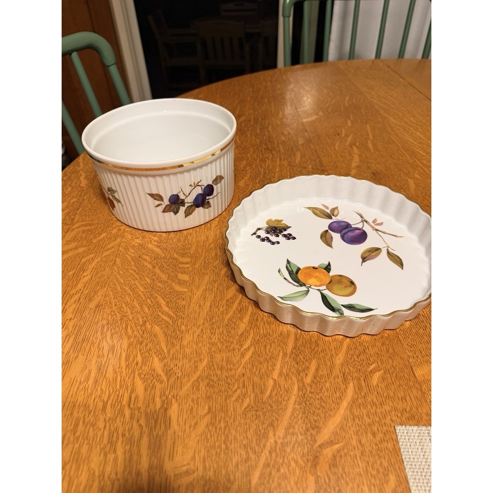 Royal Worcester Evesham Gold 7" Soufflé & 8.5" Tart Baking Dishes MINT